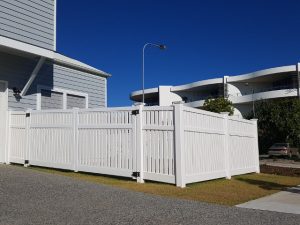 Modern style flat top post semi privacy vertical slat PVC fence